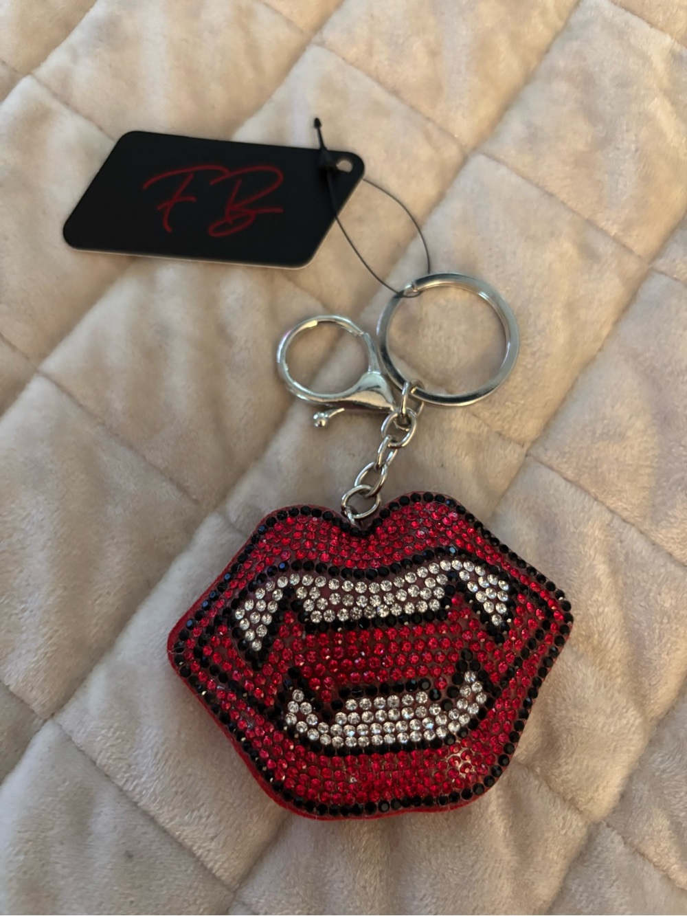 NWT- Crystal Vampire Fangs Lip Keychain - Red and Silver Rhinestone Accent